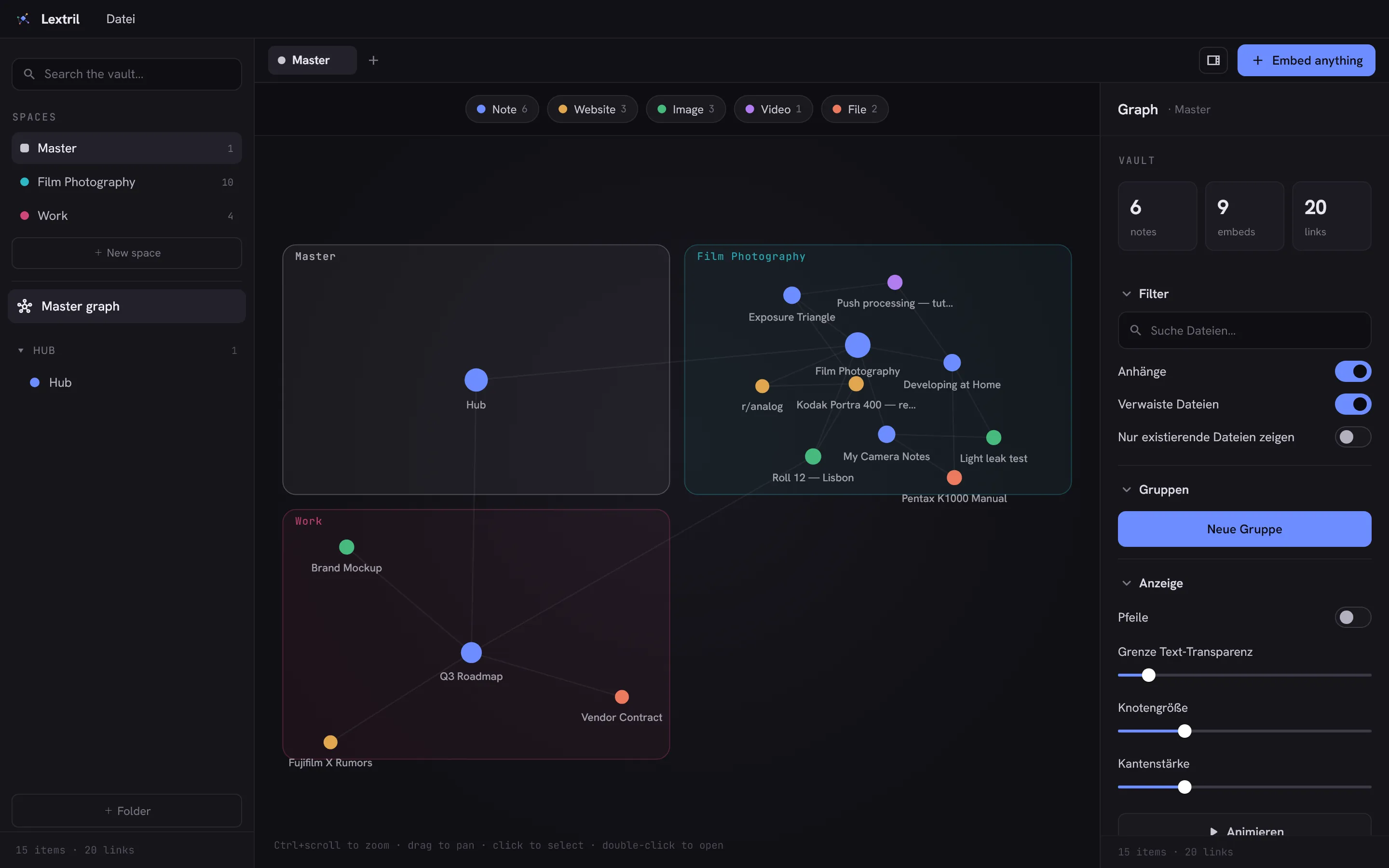 Lextril mit dem Master-Graph: Spaces, Notizen und ihre Verbindungen